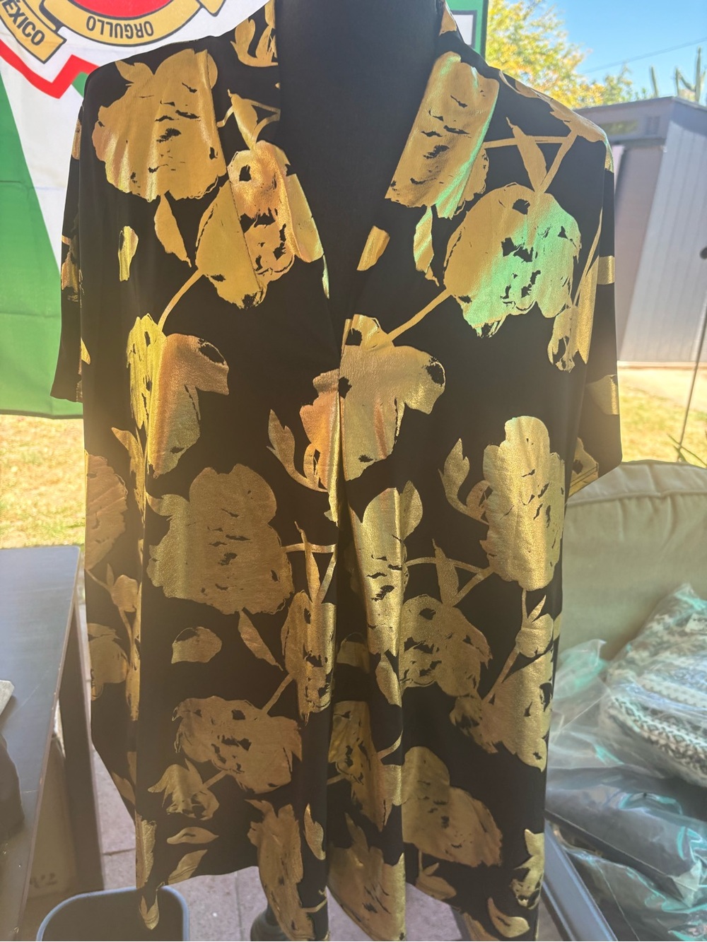 Women’s Black Blouse with Gold Floral Foil Accent